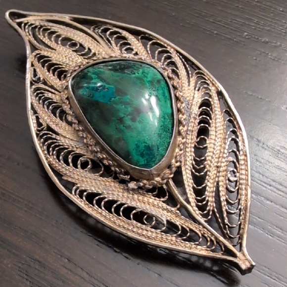 Vtg Israeli sterling silver green eilat stone filigree Leaf Brooch - Picture 2 of 7